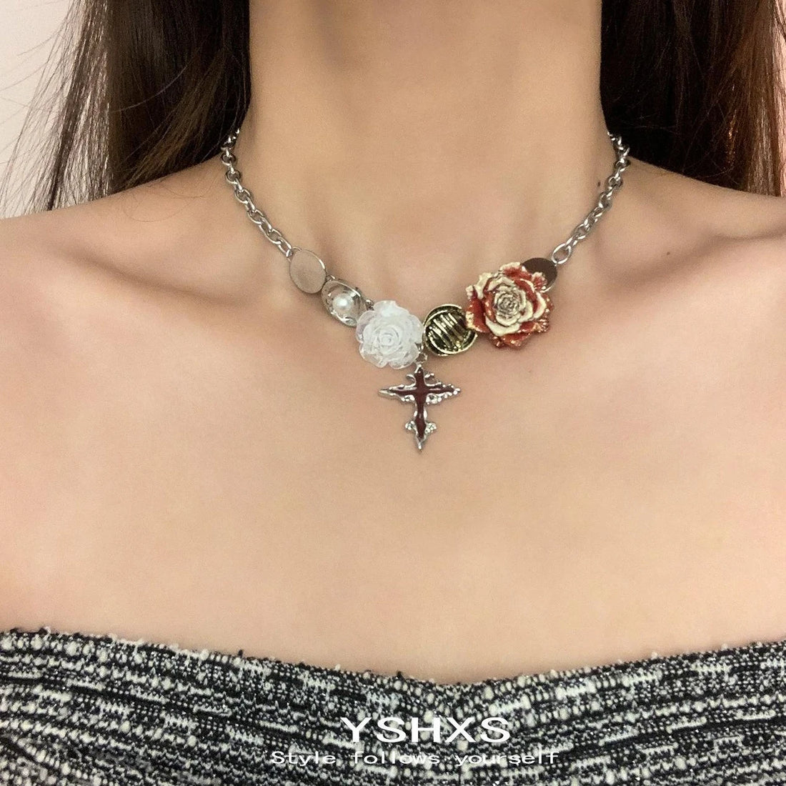 Accessories Vintage Gothic Rose Cross Choker Necklace