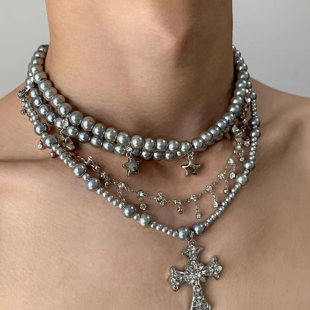 Accessories Vintage Grey Pearl Cross Necklace With Star Fringe