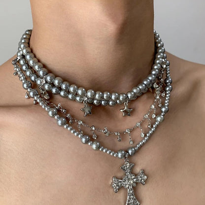 Accessories Vintage Grey Pearl Cross Necklace With Star Fringe