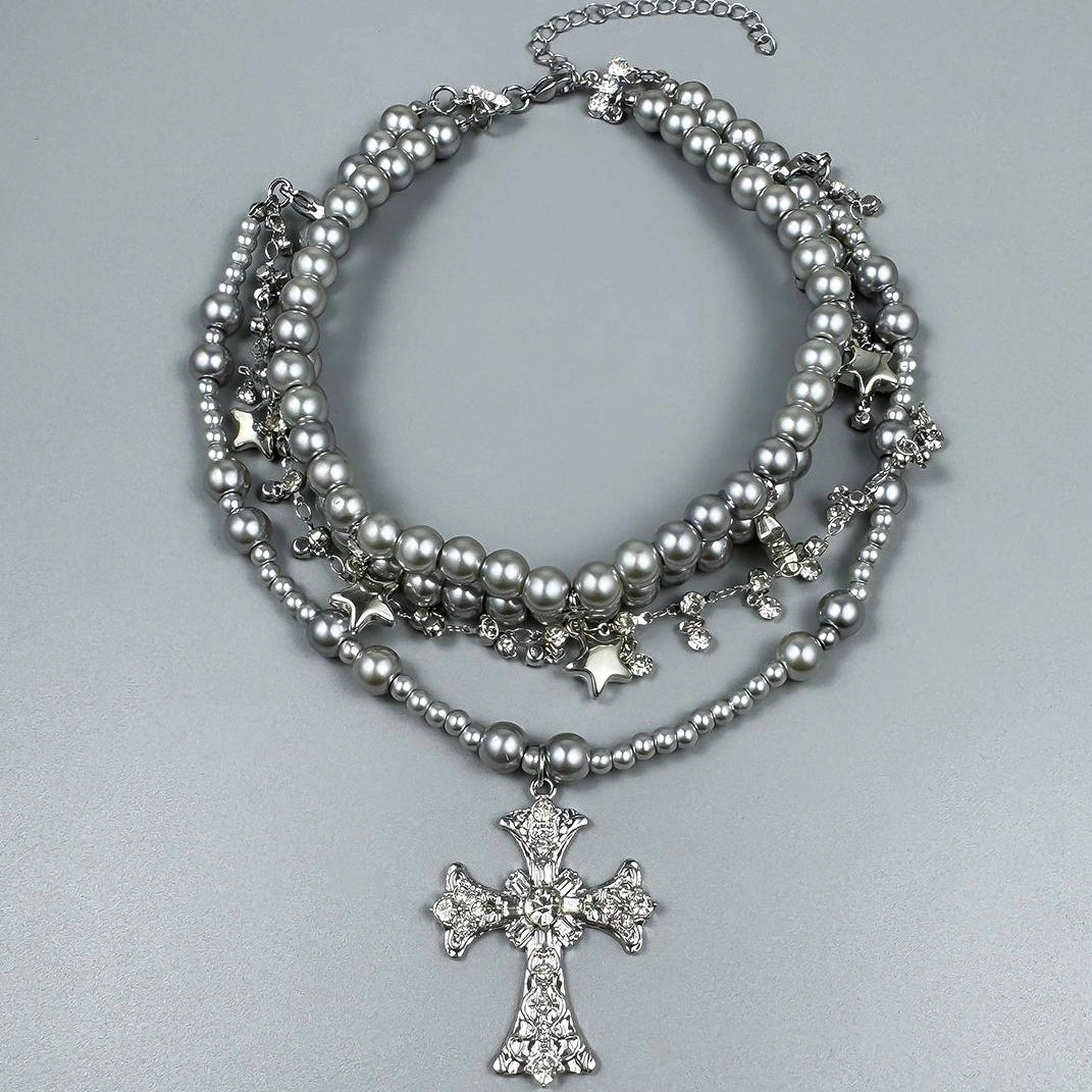 Accessories Vintage Grey Pearl Cross Necklace With Star Fringe