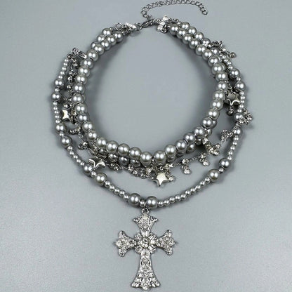 Accessories Vintage Grey Pearl Cross Necklace With Star Fringe