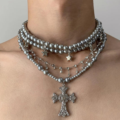 Accessories Vintage Grey Pearl Cross Necklace With Star Fringe