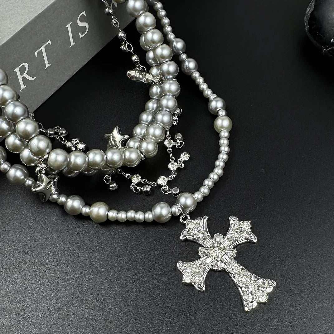 Accessories Vintage Grey Pearl Cross Necklace With Star Fringe