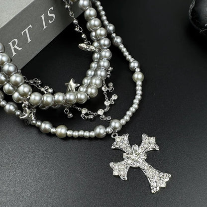 Accessories Vintage Grey Pearl Cross Necklace With Star Fringe