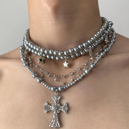 Accessories Vintage Grey Pearl Cross Necklace With Star Fringe