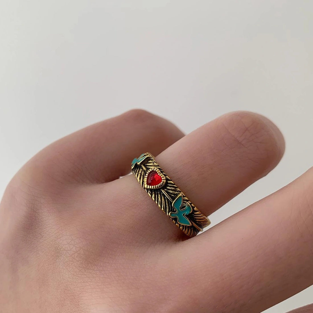 Accessories Vintage Heart Bird Antique Gold Ring