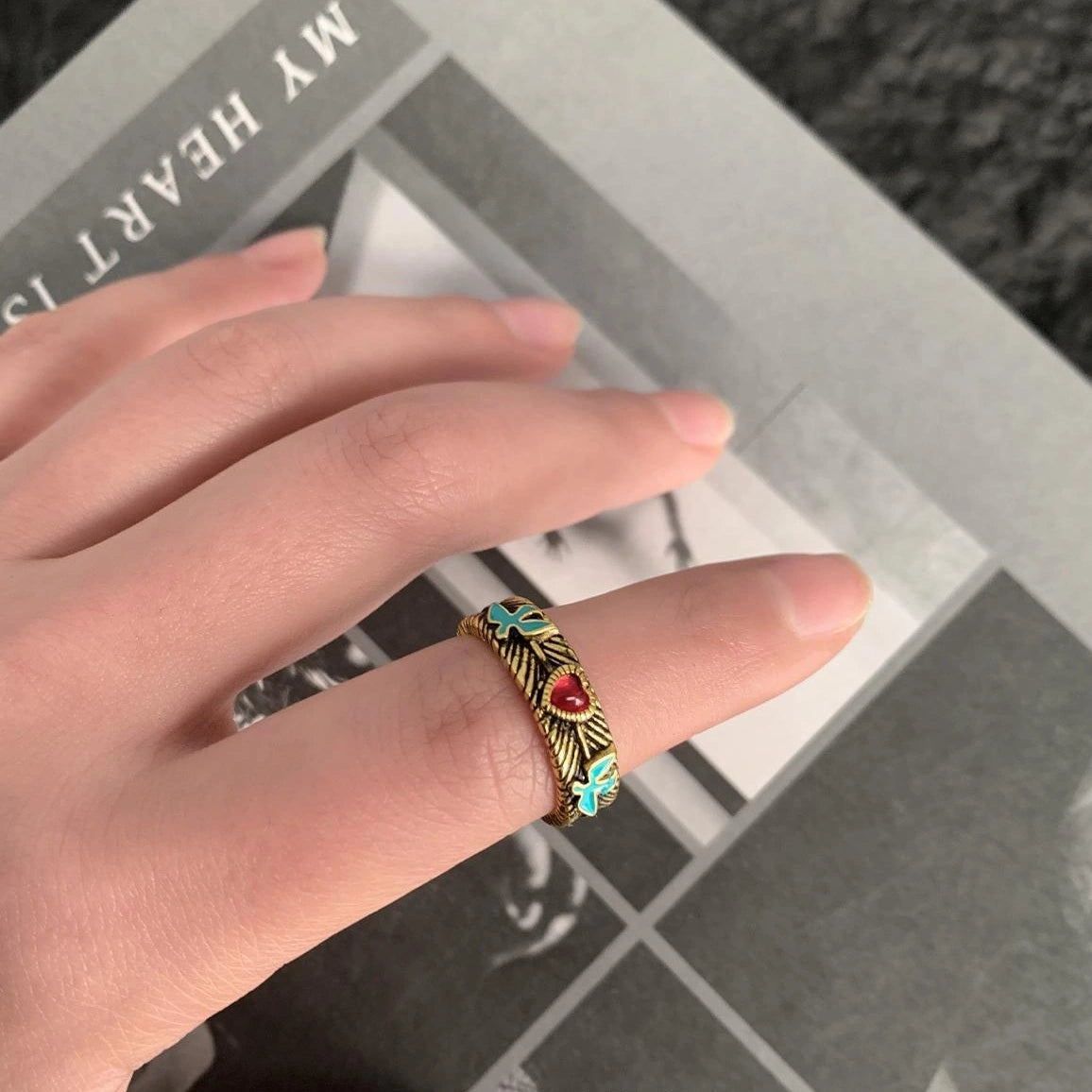 Accessories Vintage Heart Bird Antique Gold Ring