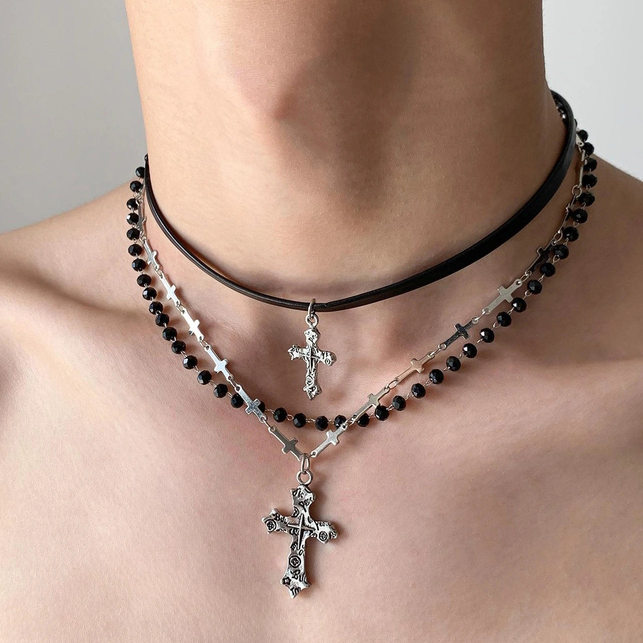 Accessories Vintage Layered Cross Bead Necklace