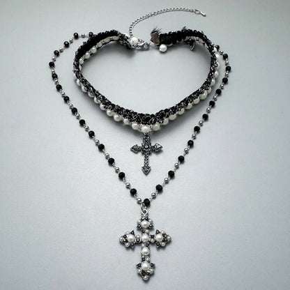 Accessories Vintage Layered Cross Beaded Choker Necklace