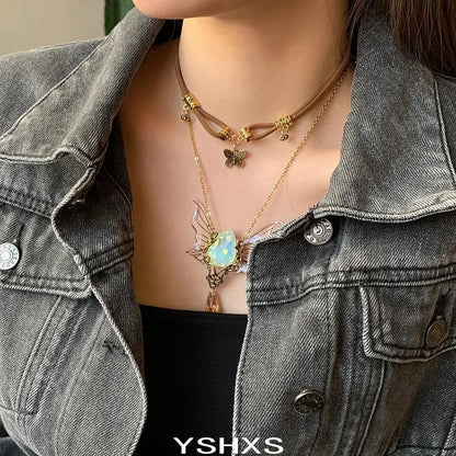 Accessories Vintage Layered Necklace With Heart Wing Pendant