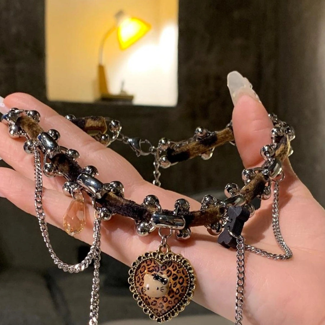 Accessories Vintage Leopard Chain Wrapped Heart Cat Choker