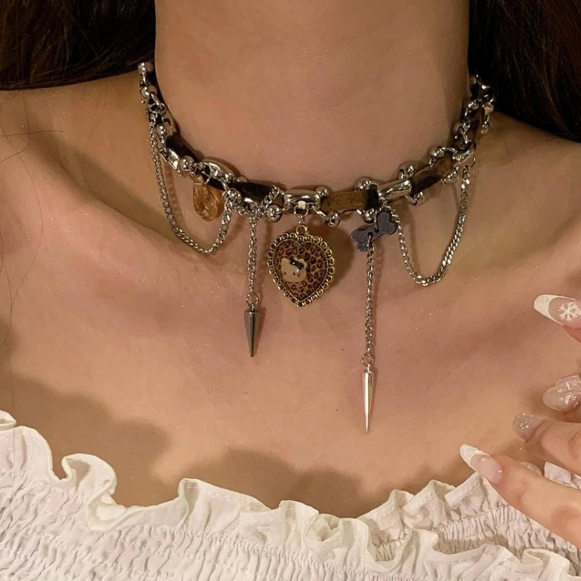 Accessories Vintage Leopard Chain Wrapped Heart Cat Choker