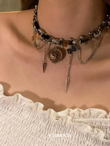Accessories Vintage Leopard Chain Wrapped Heart Cat Choker