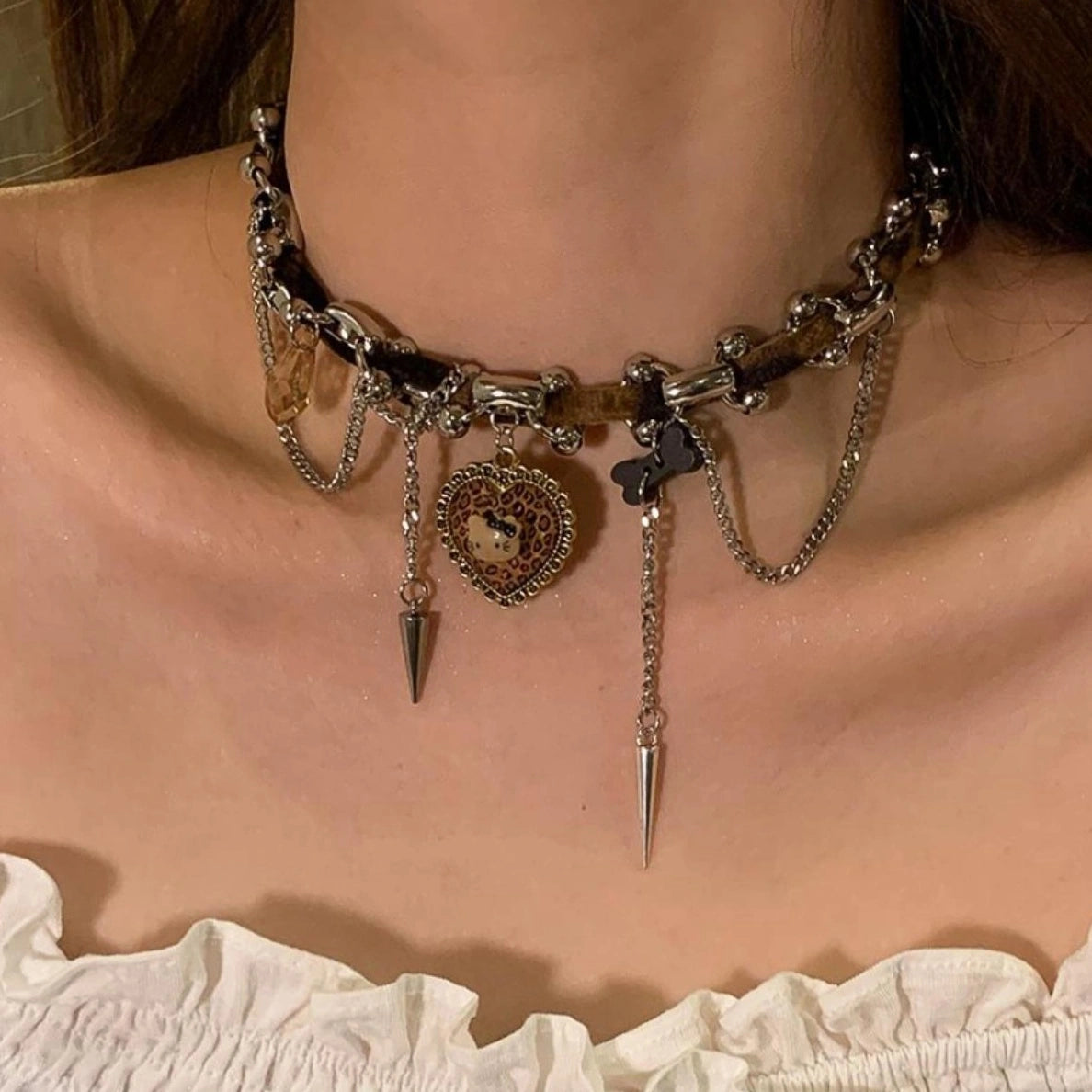 Accessories Vintage Leopard Chain Wrapped Heart Cat Choker