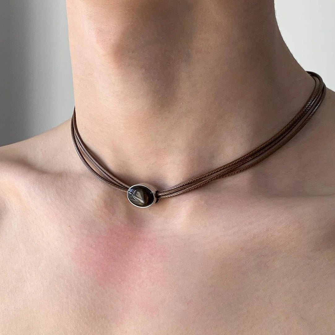 Accessories Vintage Multilayer Tiger Eye Leather Choker