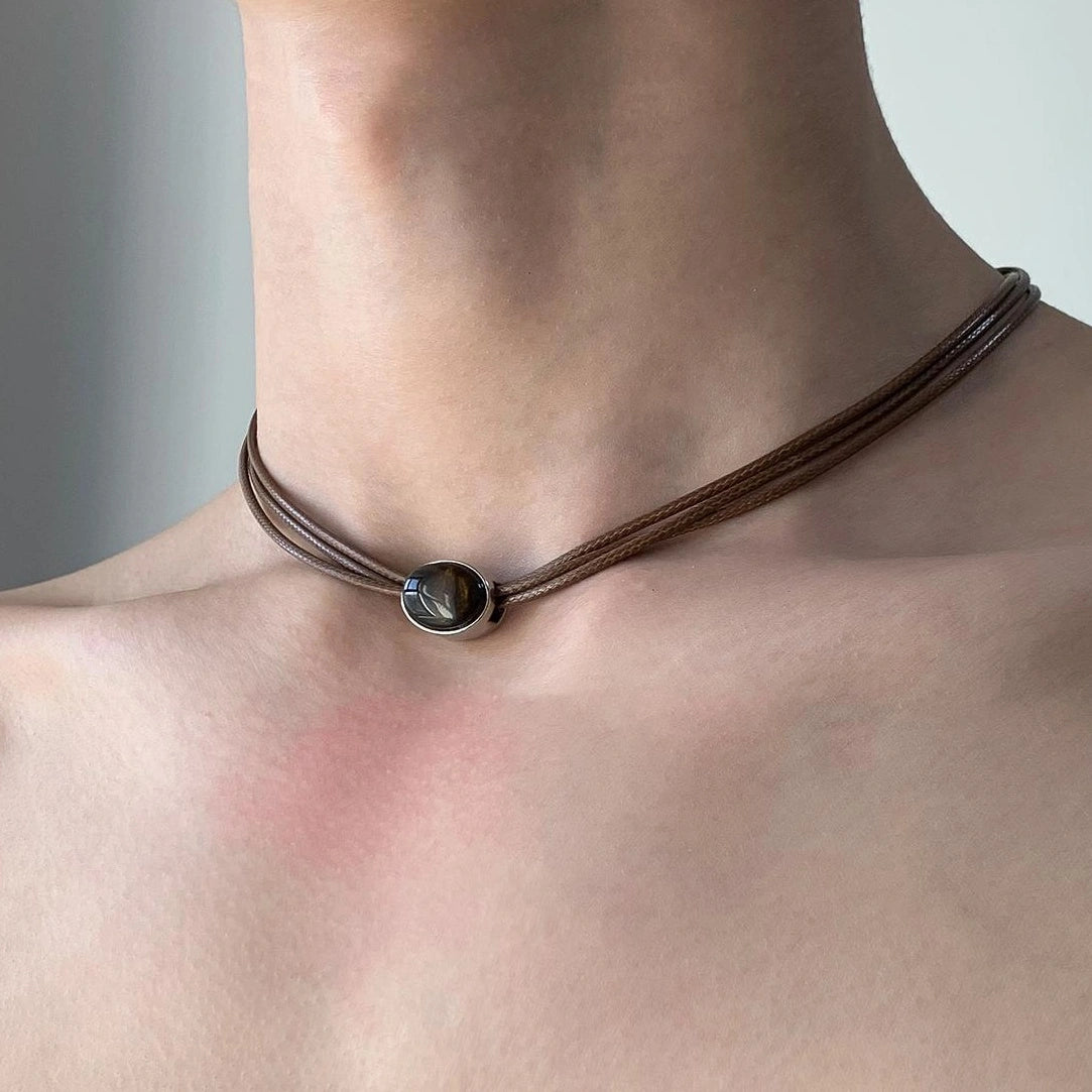 Accessories Vintage Multilayer Tiger Eye Leather Choker