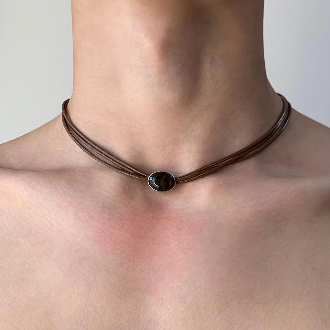 Accessories Vintage Multilayer Tiger Eye Leather Choker