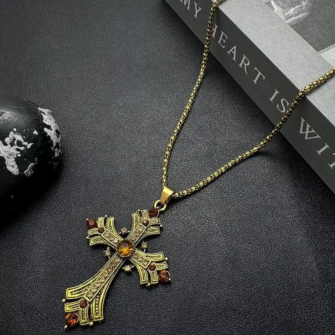 Accessories Vintage Punk Cross Necklace With Gold Rhinestones