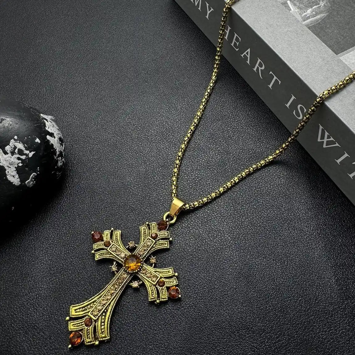 Accessories Vintage Punk Cross Necklace With Gold Rhinestones