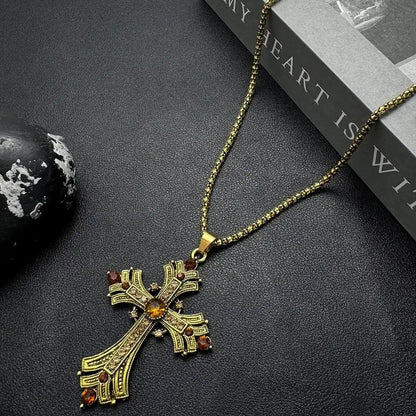 Accessories Vintage Punk Cross Necklace With Gold Rhinestones