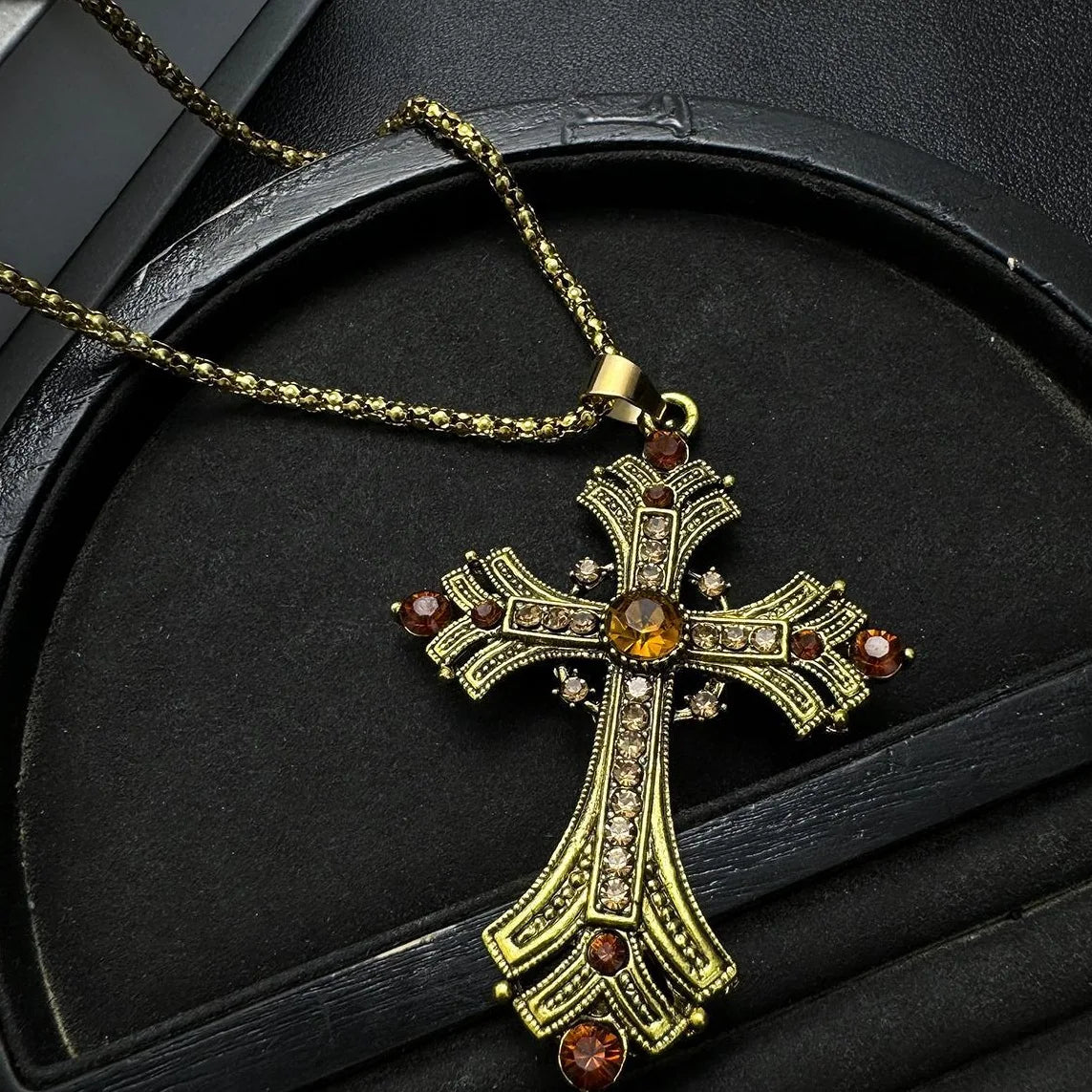 Accessories Vintage Punk Cross Necklace With Gold Rhinestones