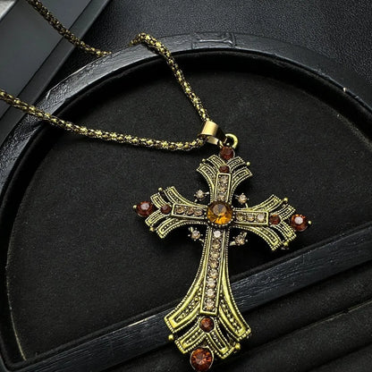 Accessories Vintage Punk Cross Necklace With Gold Rhinestones