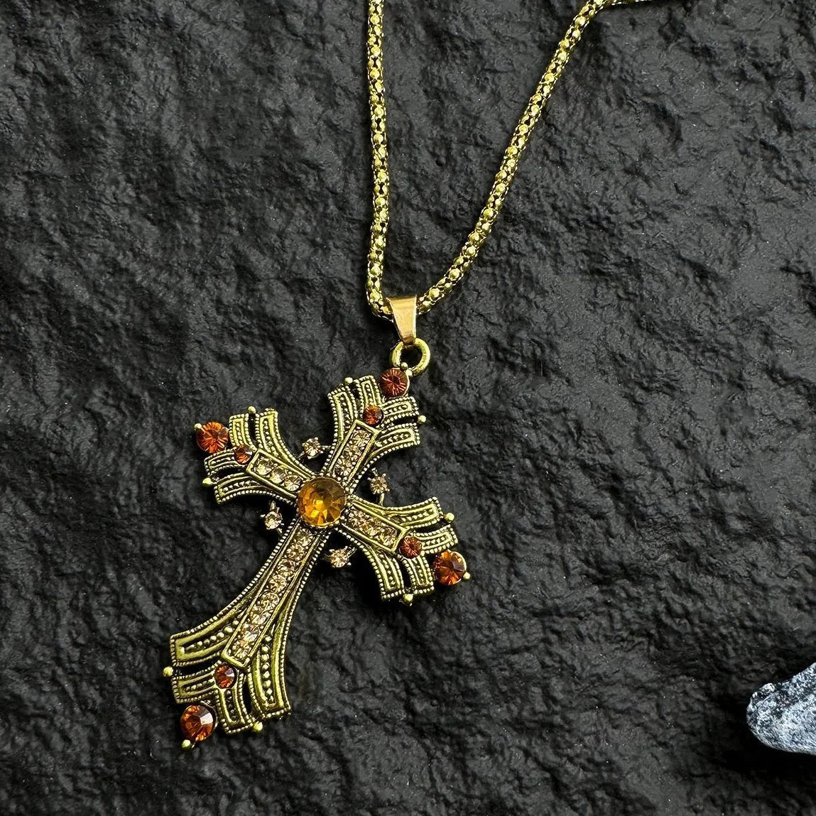 Accessories Vintage Punk Cross Necklace With Gold Rhinestones