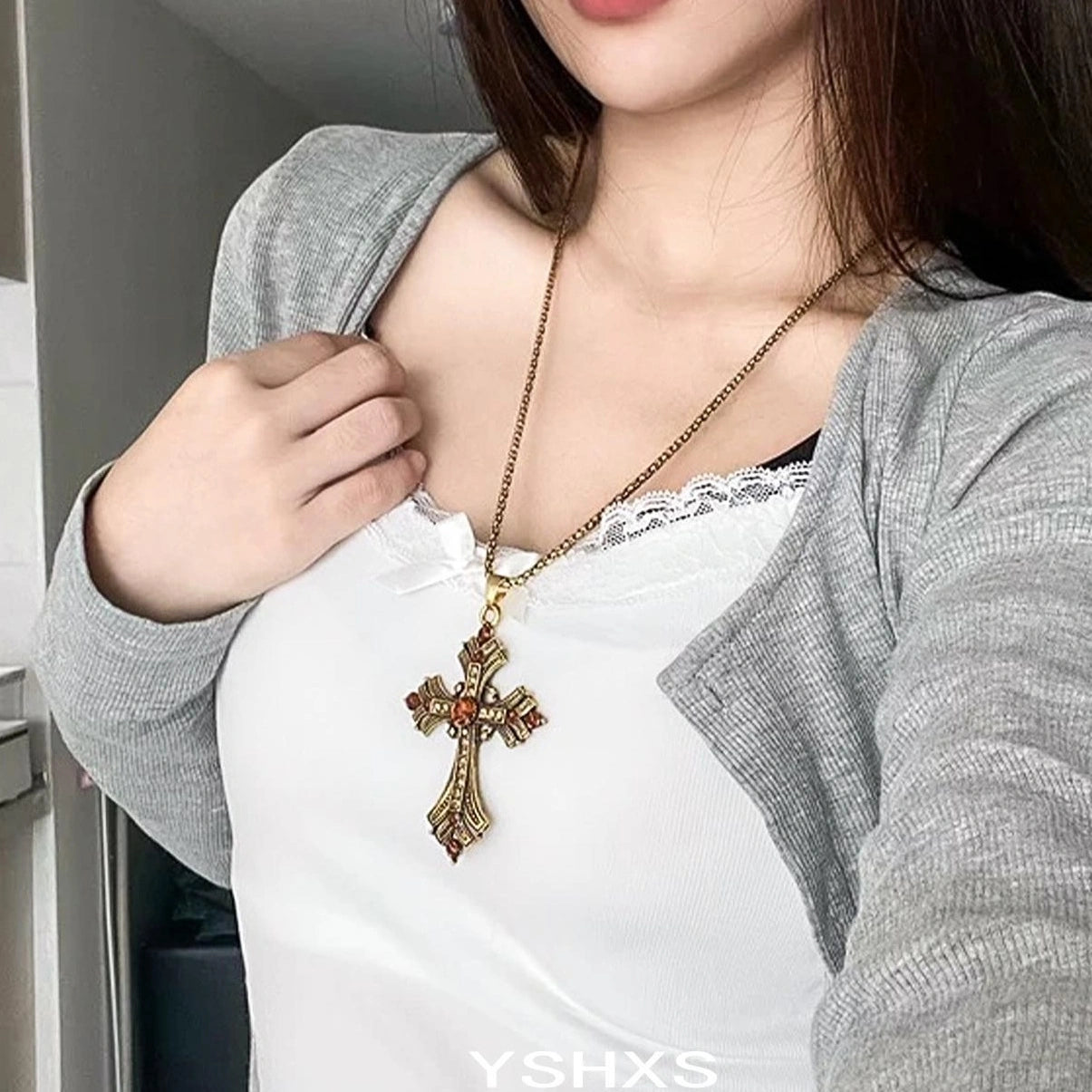 Accessories Vintage Punk Cross Necklace With Gold Rhinestones