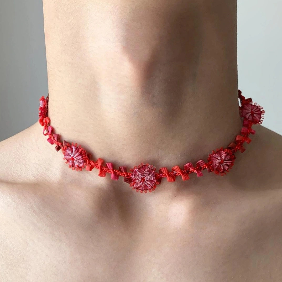 Accessories Vintage Red Handwoven Floral Lariat Necklace