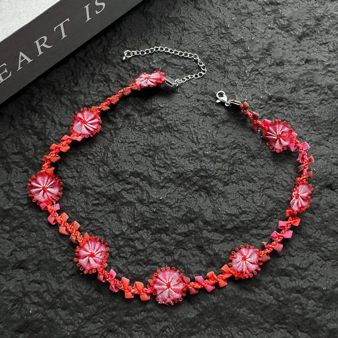 Accessories Vintage Red Handwoven Floral Lariat Necklace