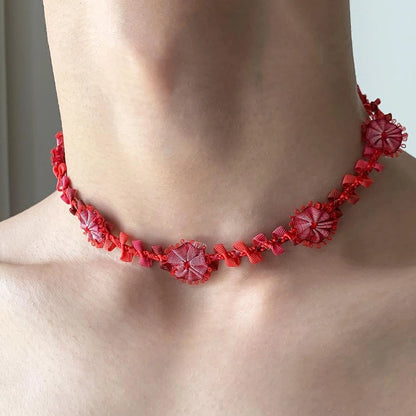 Accessories Vintage Red Handwoven Floral Lariat Necklace