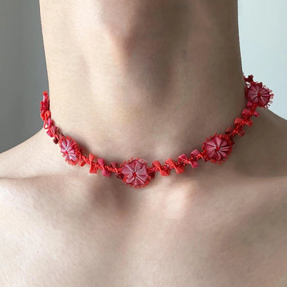 Accessories Vintage Red Handwoven Floral Lariat Necklace