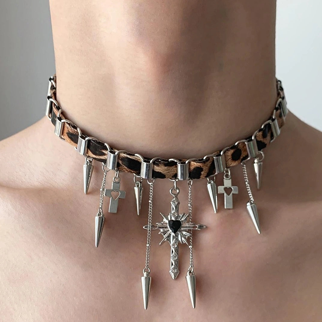 Accessories Y2k Cross Leopard Spike Fringe Choker