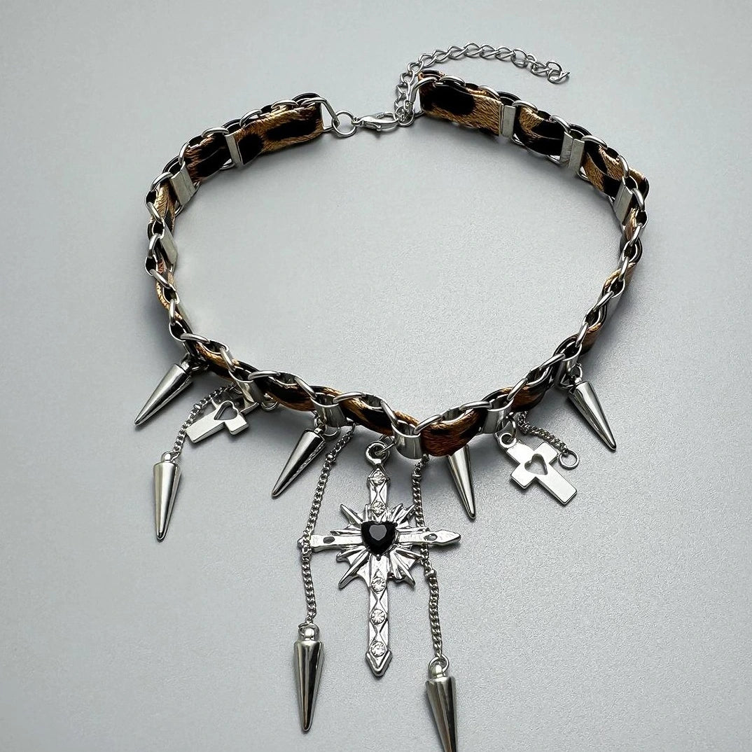 Accessories Y2k Cross Leopard Spike Fringe Choker