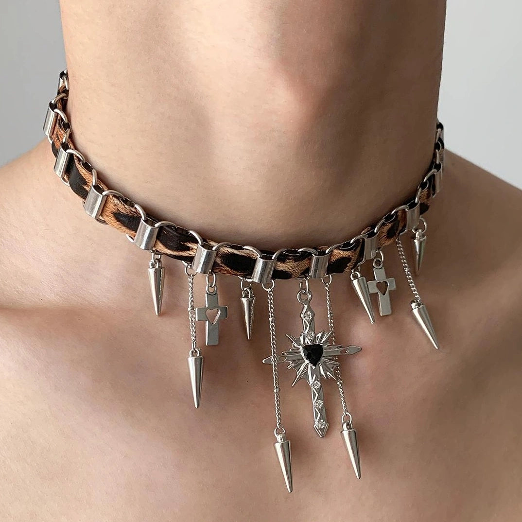 Accessories Y2k Cross Leopard Spike Fringe Choker