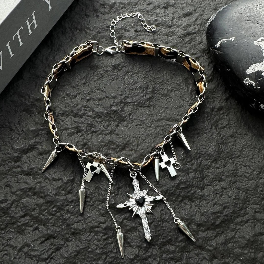 Accessories Y2k Cross Leopard Spike Fringe Choker
