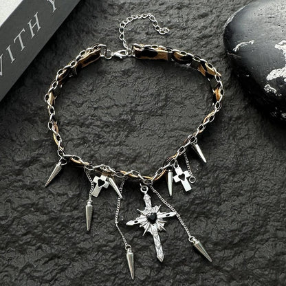 Accessories Y2k Cross Leopard Spike Fringe Choker