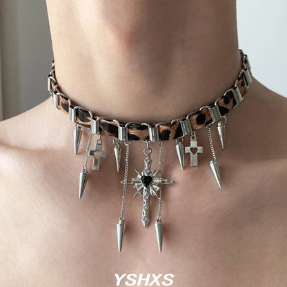 Accessories Y2k Cross Leopard Spike Fringe Choker