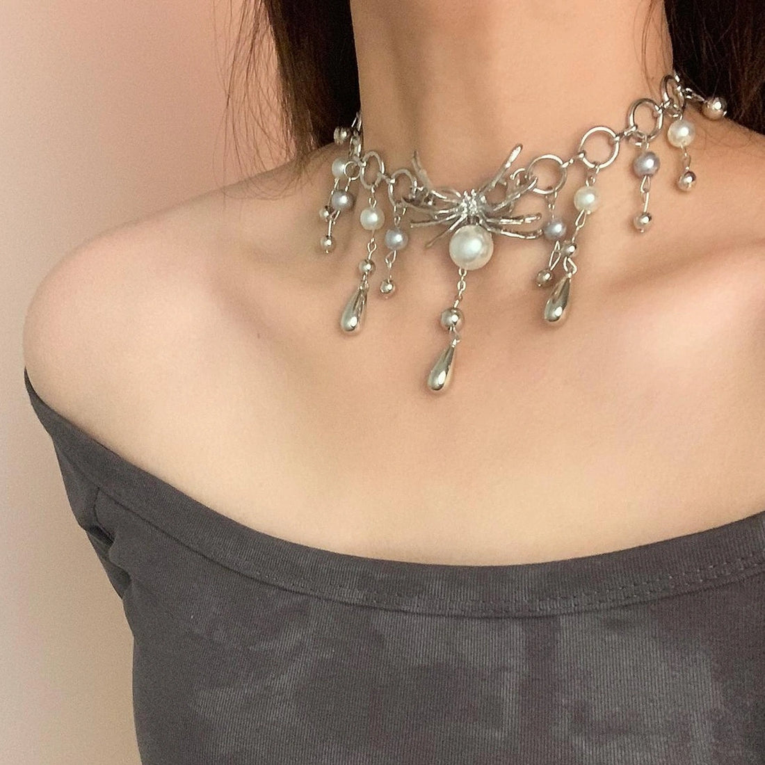 Accessories Y2k Pearl Drip Spider Choker Necklace