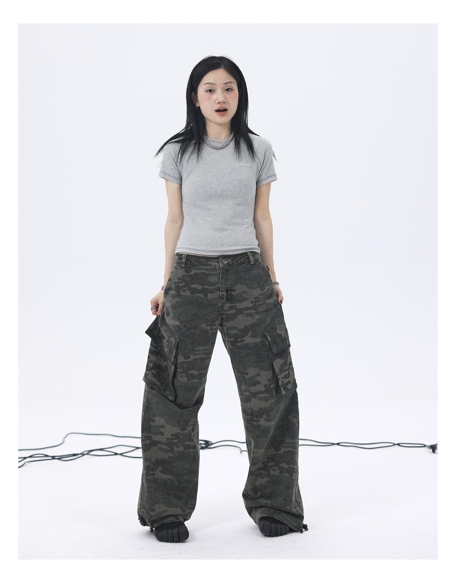 Achihara Cargo Pants Camouflage Pants Retro Wide Leg Casual Work 19