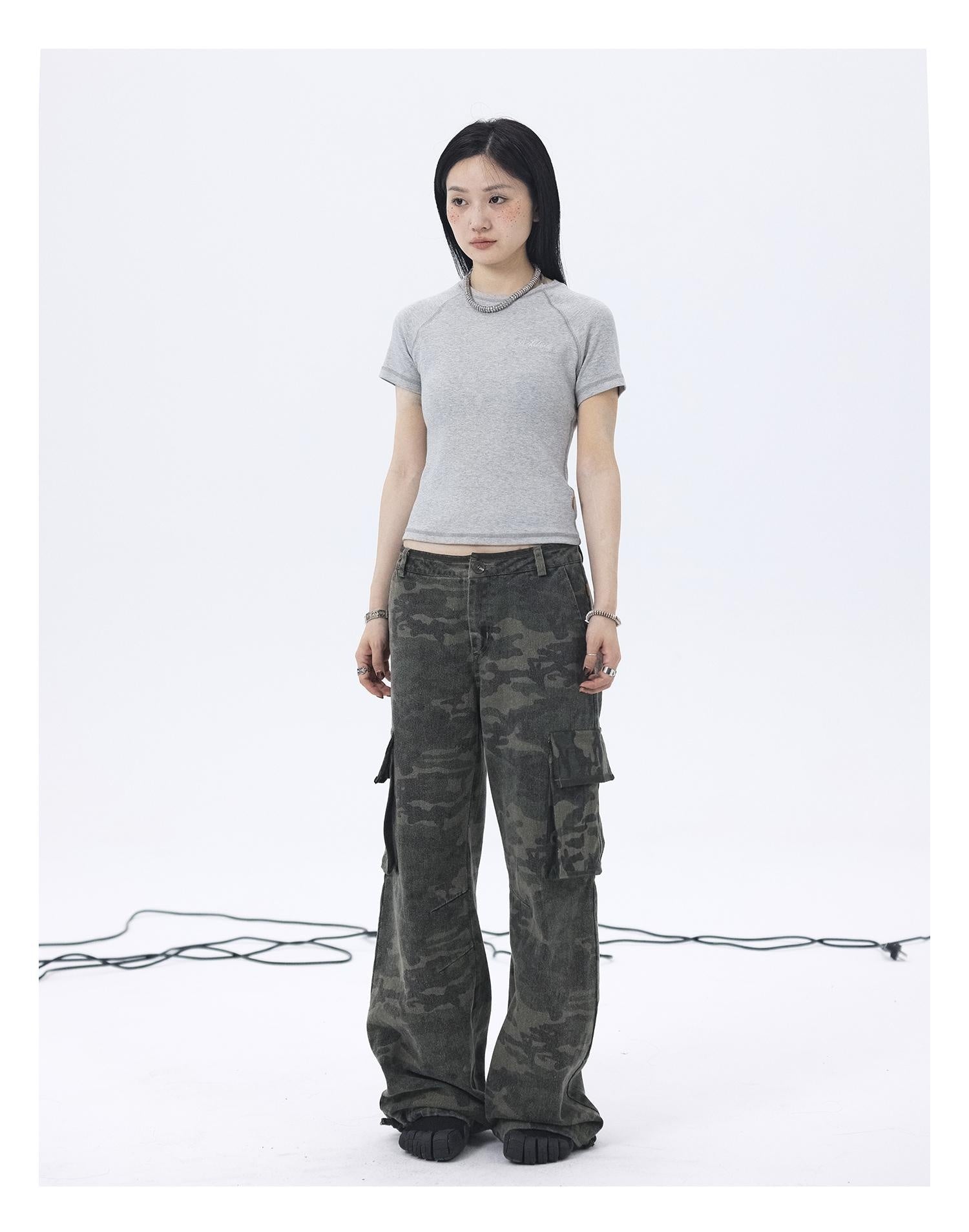 Achihara Cargo Pants Camouflage Pants Retro Wide Leg Casual Work 26