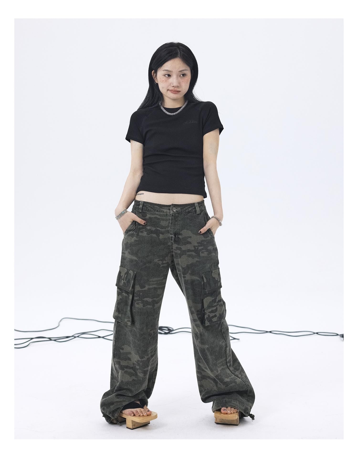 Achihara Cargo Pants Camouflage Pants Retro Wide Leg Casual Work 37