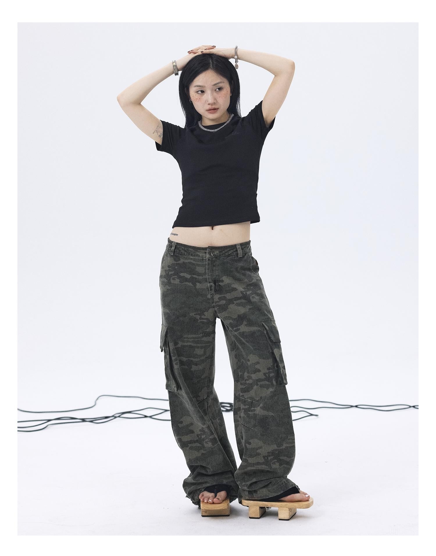 Achihara Cargo Pants Camouflage Pants Retro Wide Leg Casual Work 38