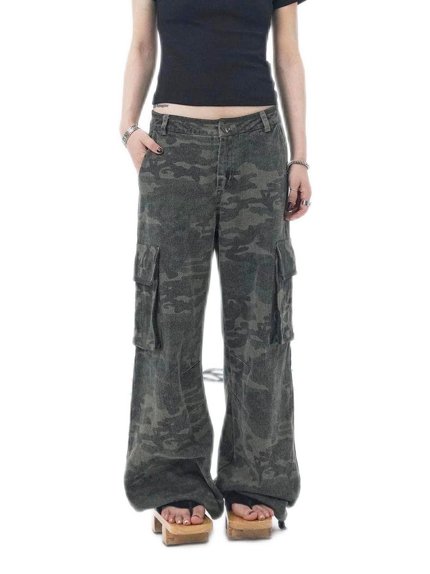 Achihara Cargo Pants Camouflage Pants Retro Wide Leg Casual Work 40