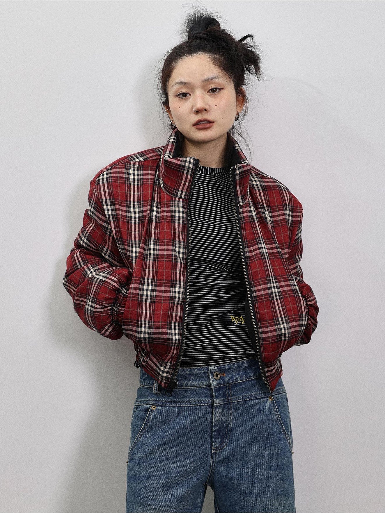 Achihara Cotton Jacket 2024 New Winter Short Style Two Wear Checkered Double Sided Black Red For Women 21