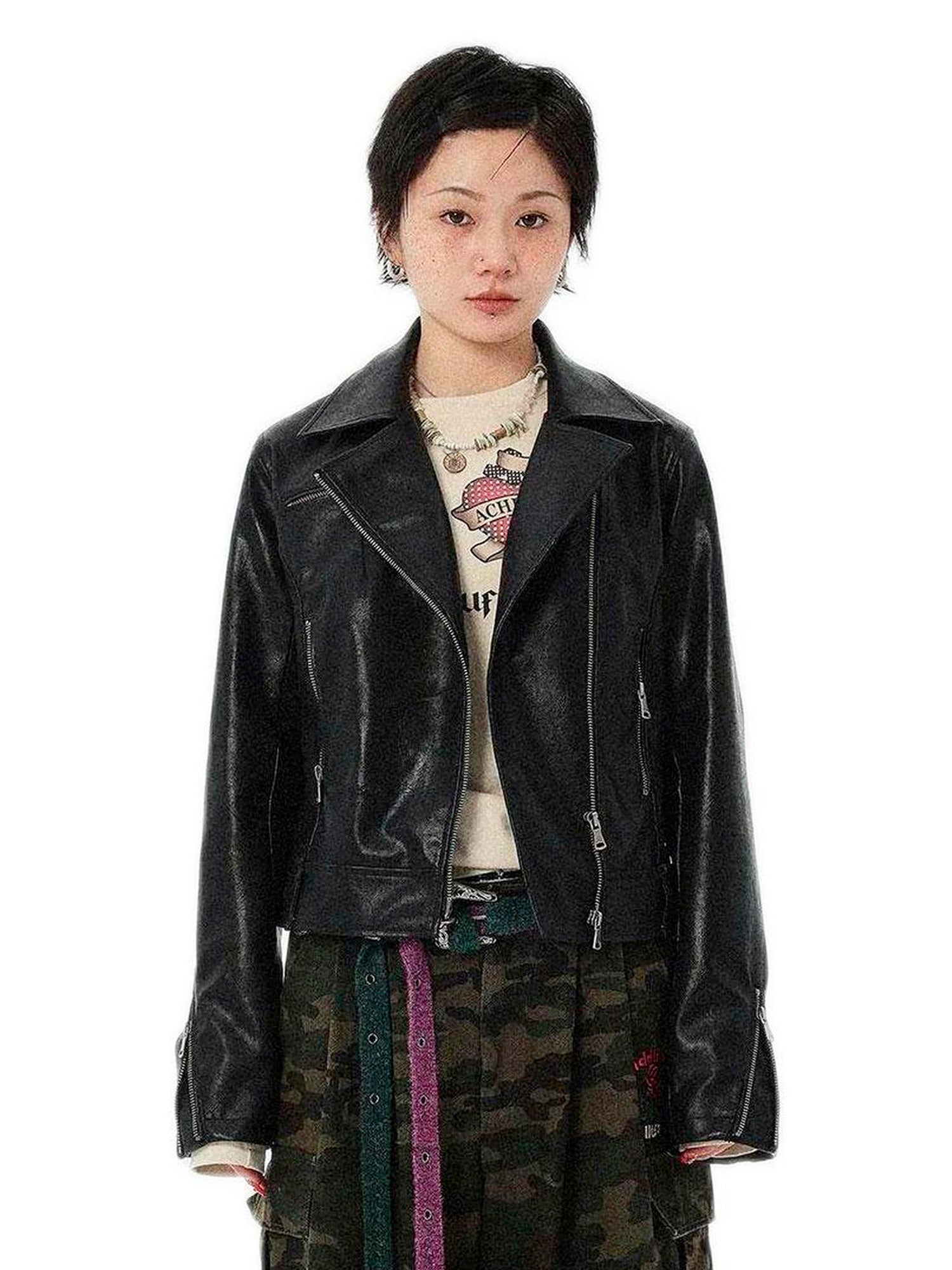 Achihara MinnieS Leather Coat Top Suit 2024 New Autumn Winter Black Beige Coat Motorcycle 22