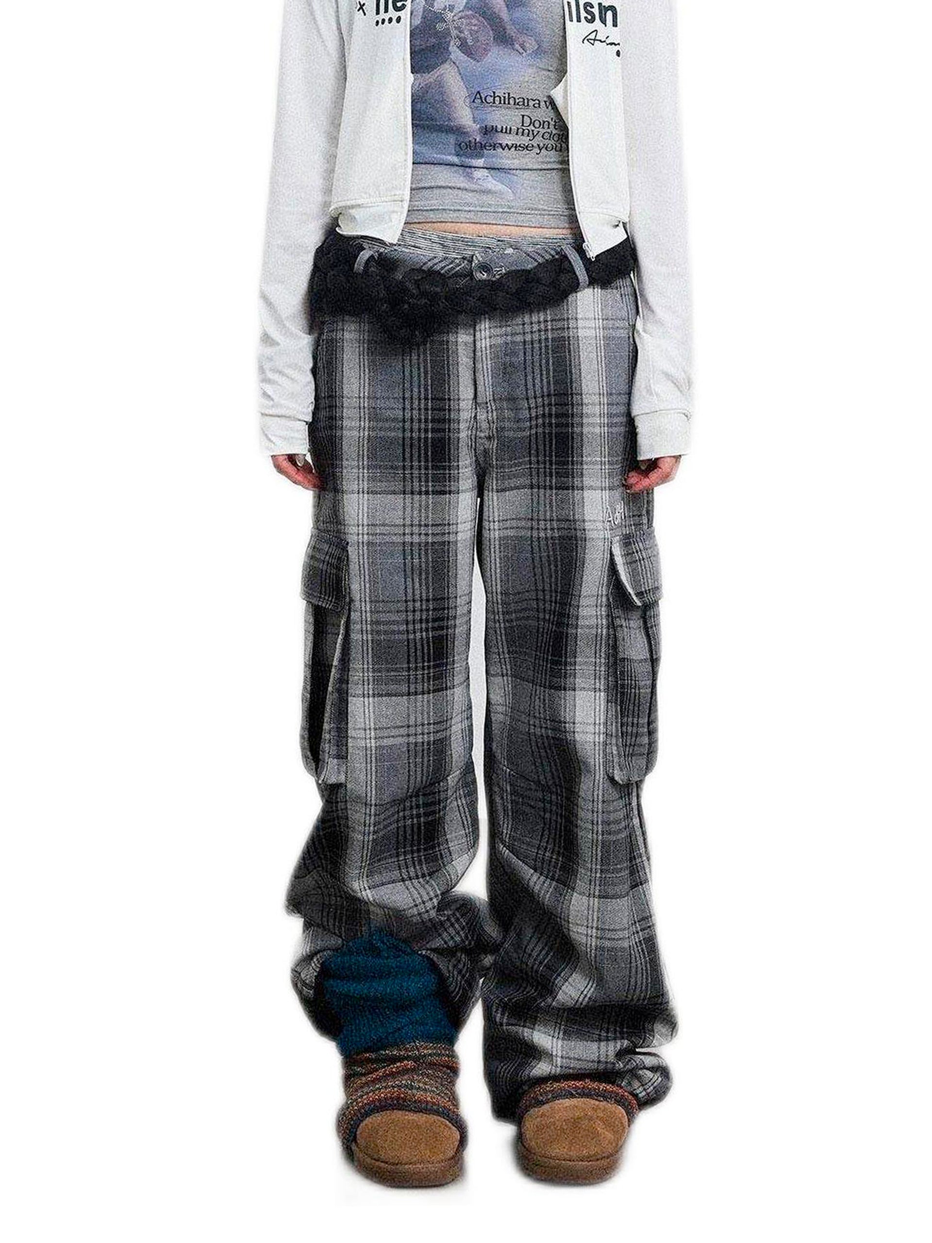 Achihara Pixel Casual Pants Long And Wide Leg Pants Loose Floor Dragging Winter Pixel Plaid 25