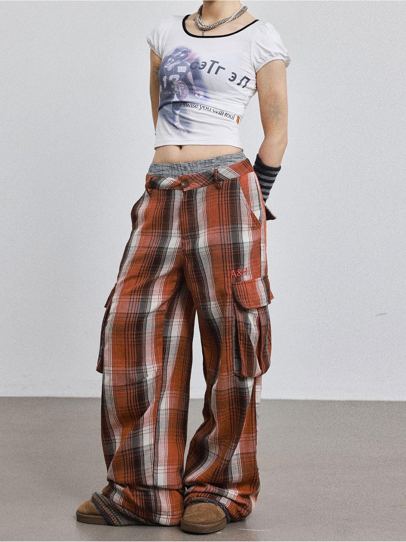 Achihara Pixel Casual Pants Long And Wide Leg Pants Loose Floor Dragging Winter Pixel Plaid 27