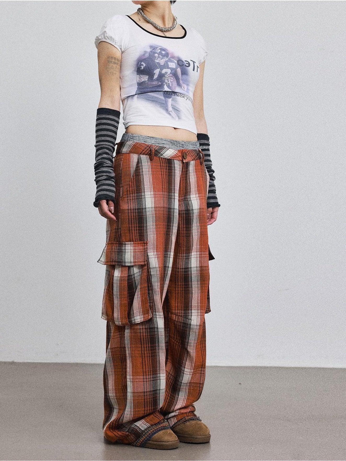 Achihara Pixel Casual Pants Long And Wide Leg Pants Loose Floor Dragging Winter Pixel Plaid 31