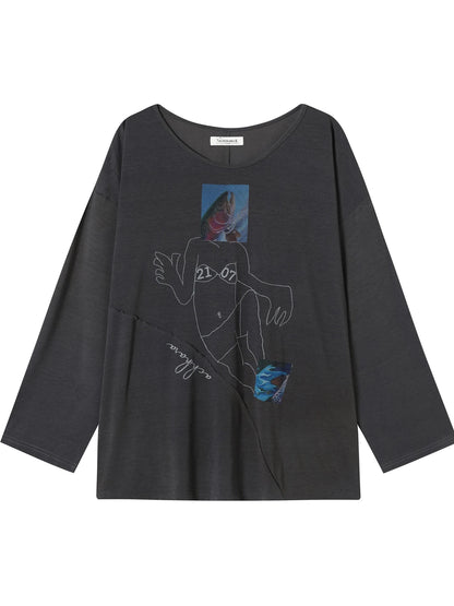 Fish Asymmetric Collar Loose Long-Sleeved T-Shirt